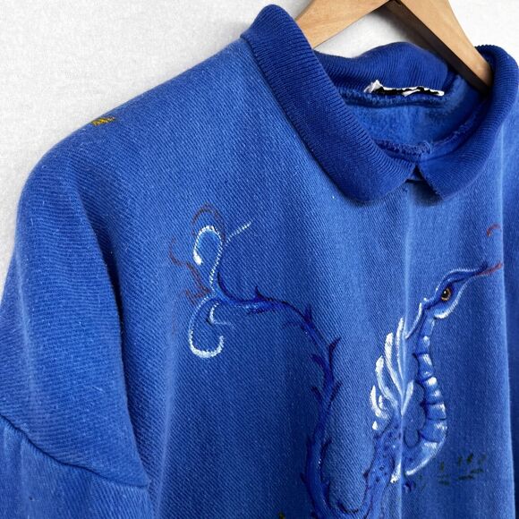 SCOTT LOWELL Sweatshirt Womens XL Dragon Hand Painted Collared 3/4 Sleeve Blue - Picture 5 of 14